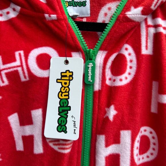 Tipsy Elves $80 unisex Ho Ho Ho Full Zip Holiday Fleece pajamas one piece Red Sm - Picture 6 of 9